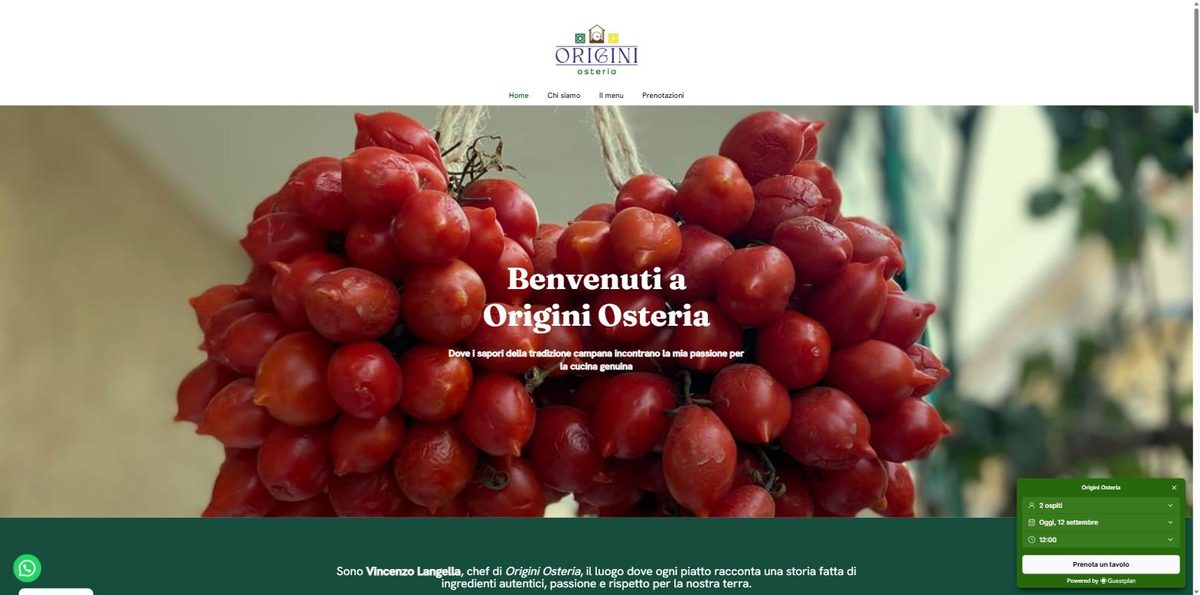 Homepage del sito realizzato per Origini Osteria Caserta